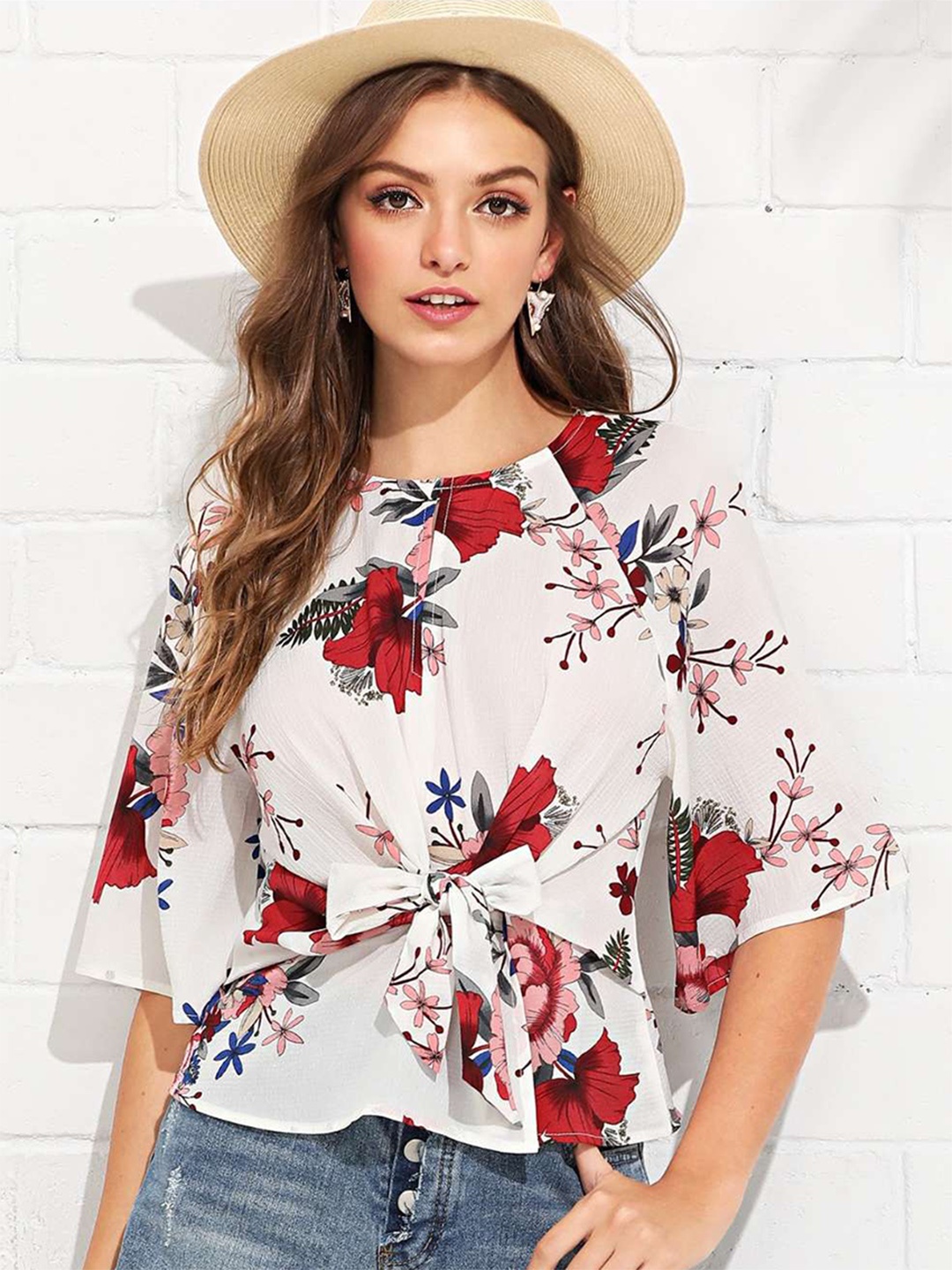 

URBANIC White & Red Floral Styled Back Waist Tie-Up Top