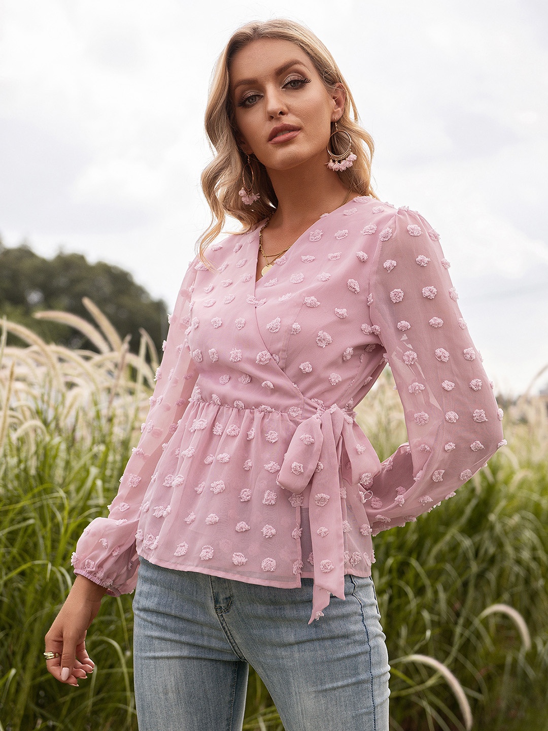 

URBANIC Pink Fuzzy Dobby Weave Wrap Top