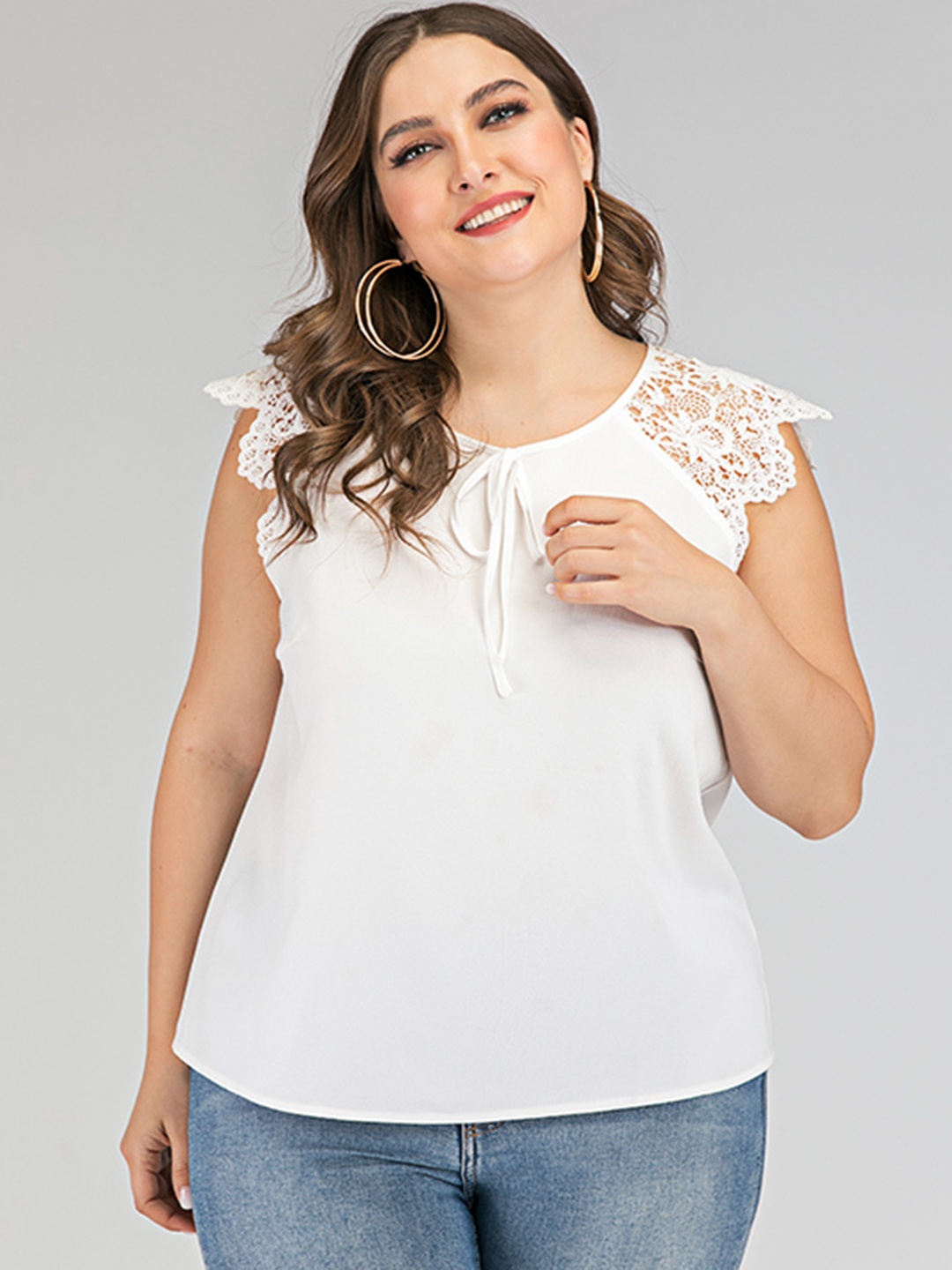 

URBANIC Plus Size White Tie-Up Neck Lace Insert Top