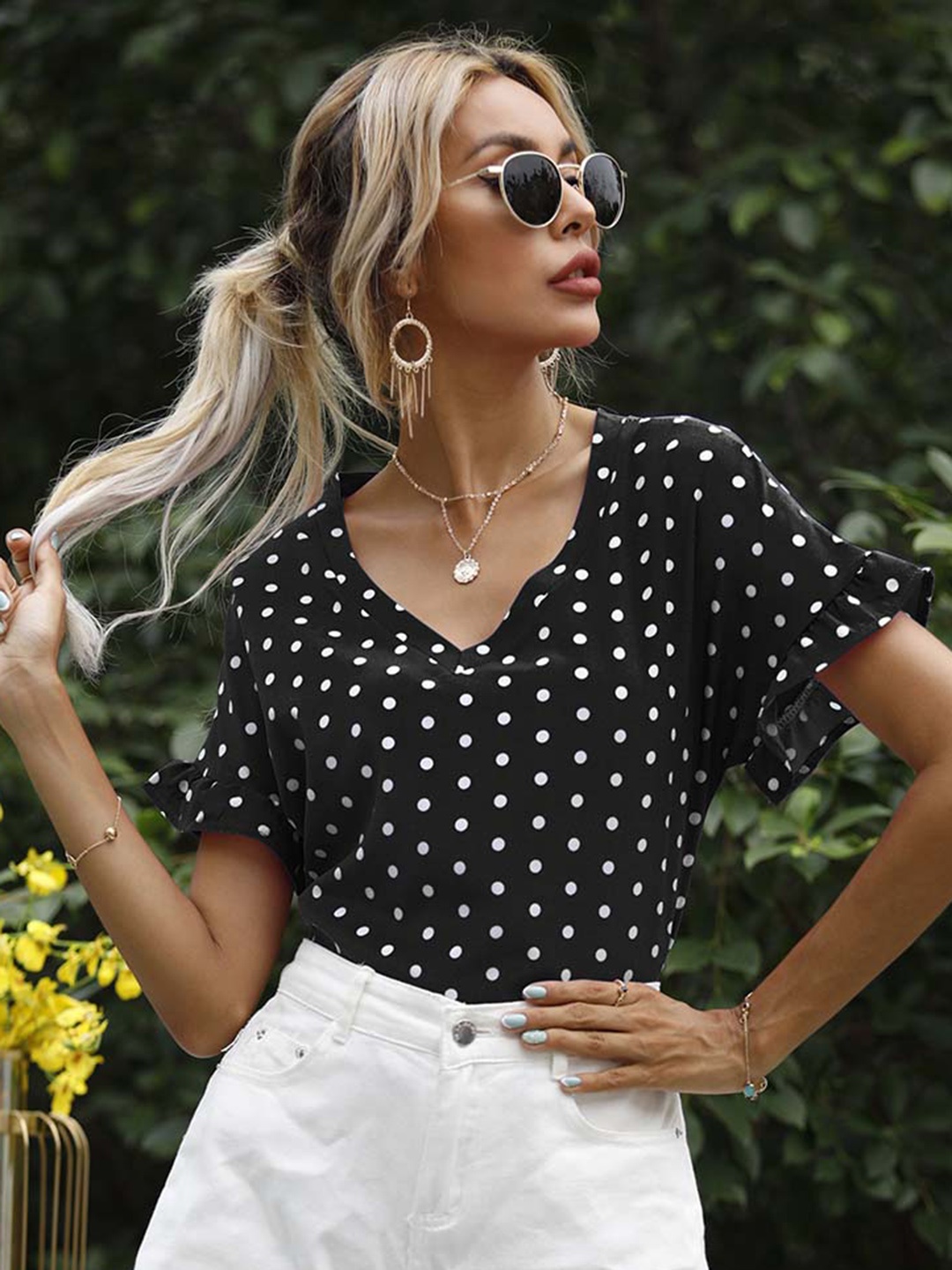 

URBANIC Black & White Polk Dots Print Extended Sleeves Ruffles Regular Top