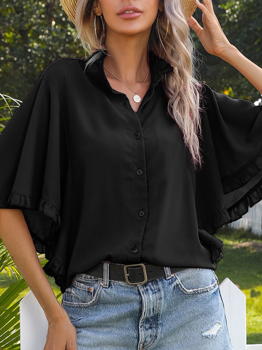 

URBANIC Black Mandarin Collar Ruffles Shirt Style Top