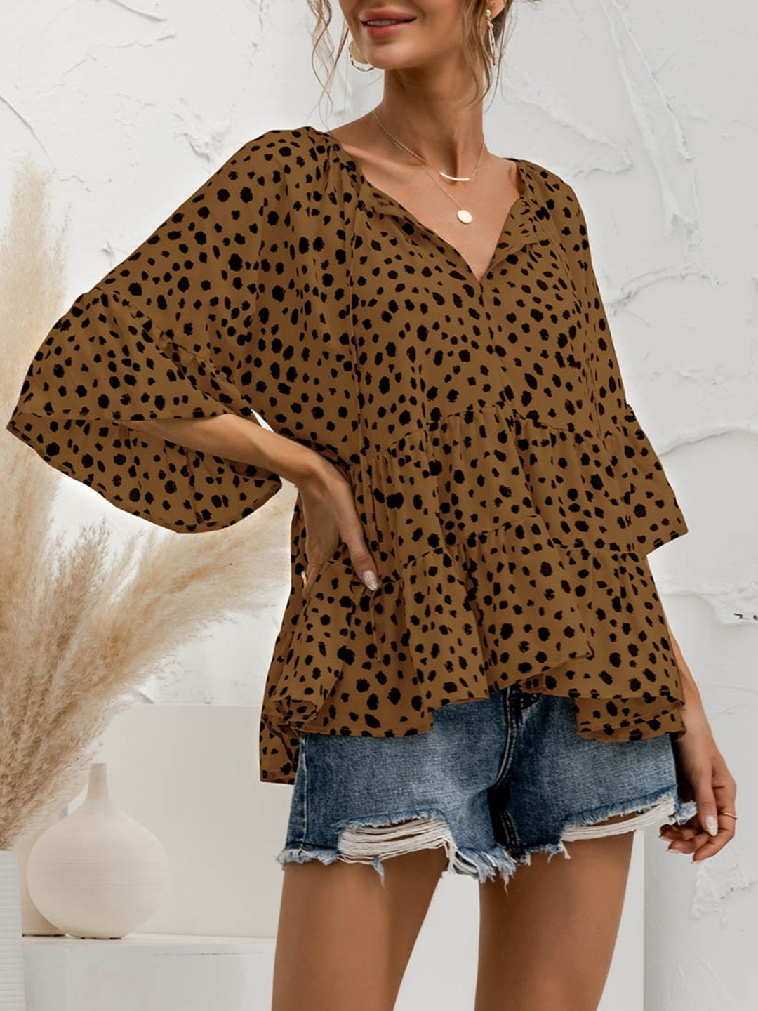 

URBANIC Women Brown & Black Leopard Print Tie-Up Neck A-Line Tiered Top