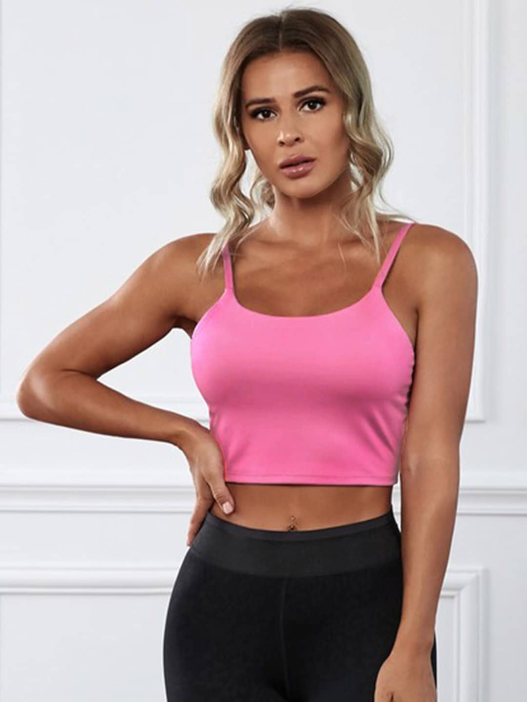 

URBANIC Pink Solid Slim-Fitted Crop Top