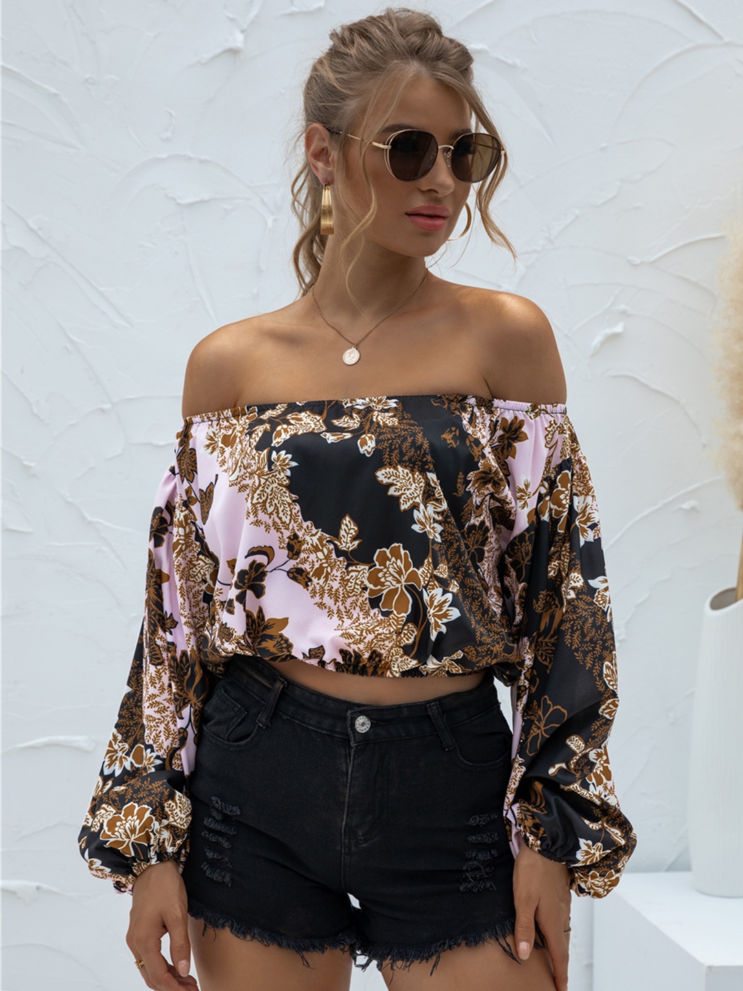 

URBANIC Black & Off White Floral Print Off-Shoulder Bardot Crop Top