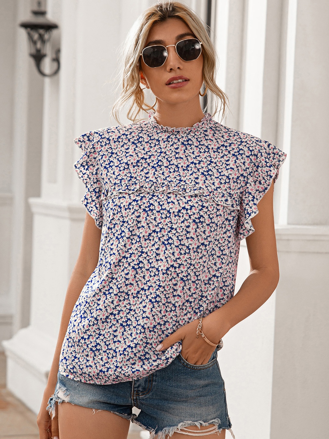 

URBANIC Navy Blue & Pink Floral Print Flutter Sleeves Frilled Top