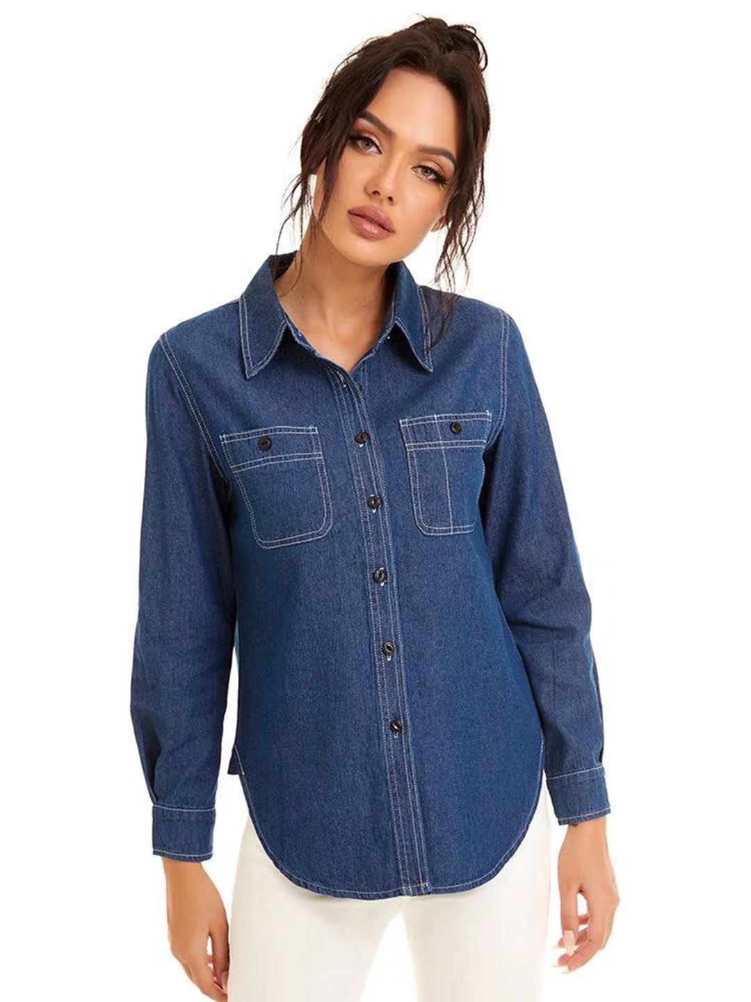 

URBANIC Women Navy Blue Solid Opaque Cotton Denim Casual Shirt