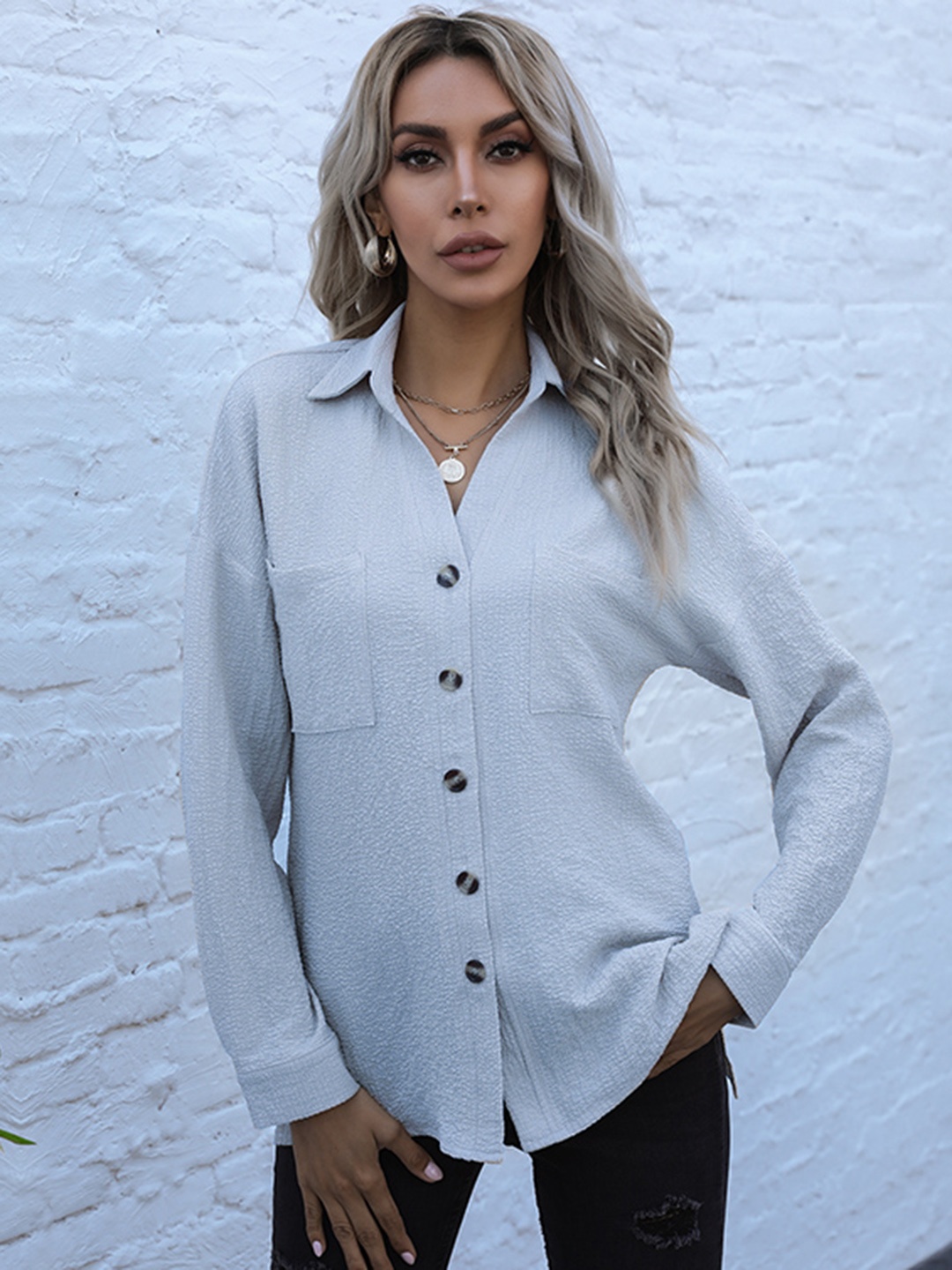 

URBANIC Women Blue Textured Casual Shirt