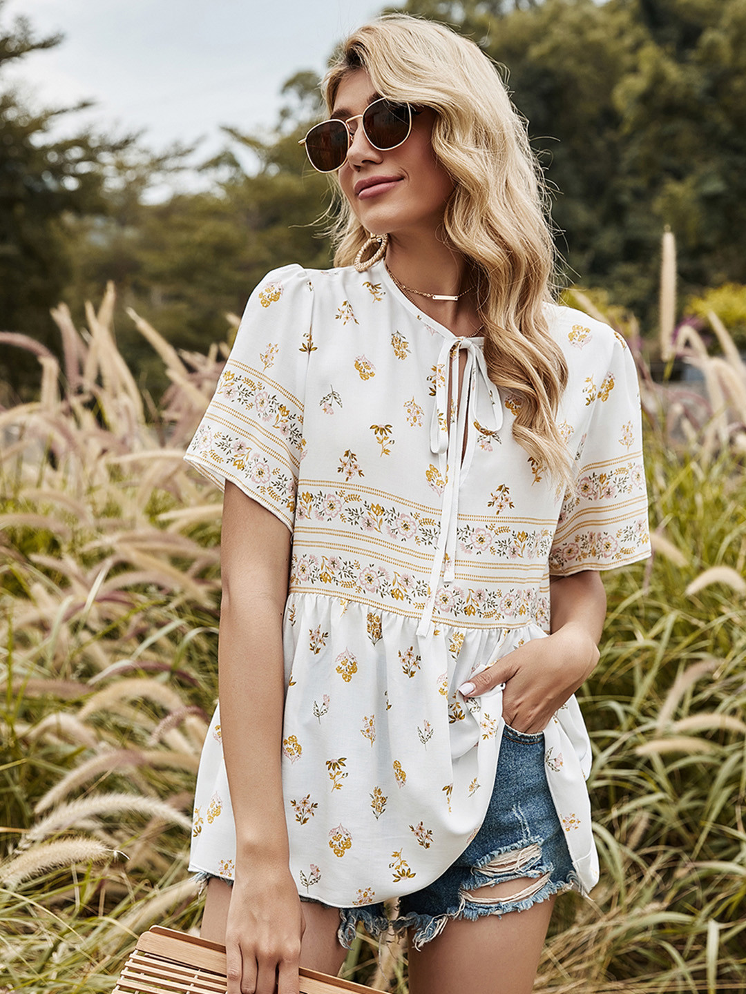 

URBANIC White & Yellow Floral Tie-Up Neck Regular Top