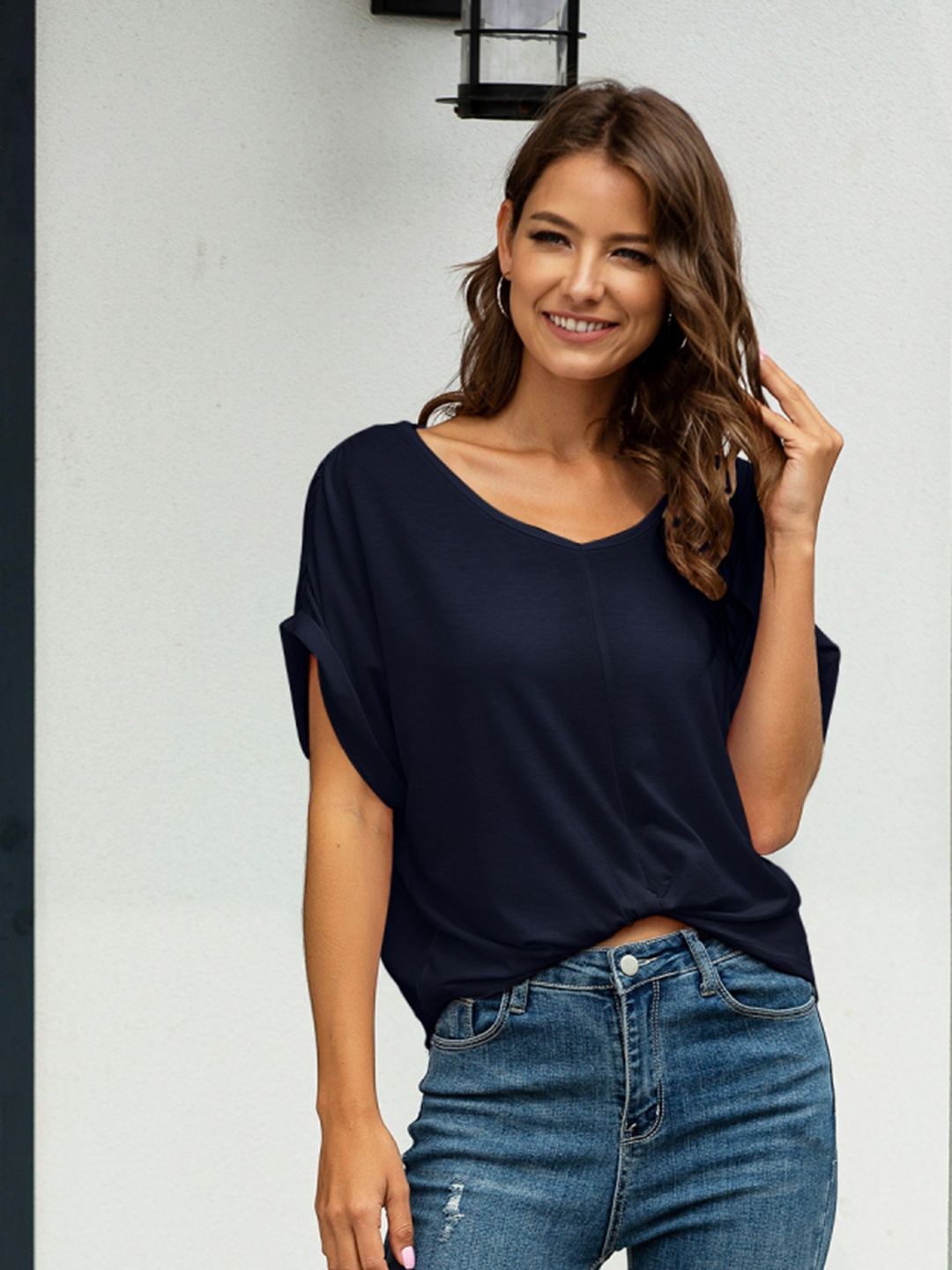 

URBANIC Navy Blue Solid Regular Top