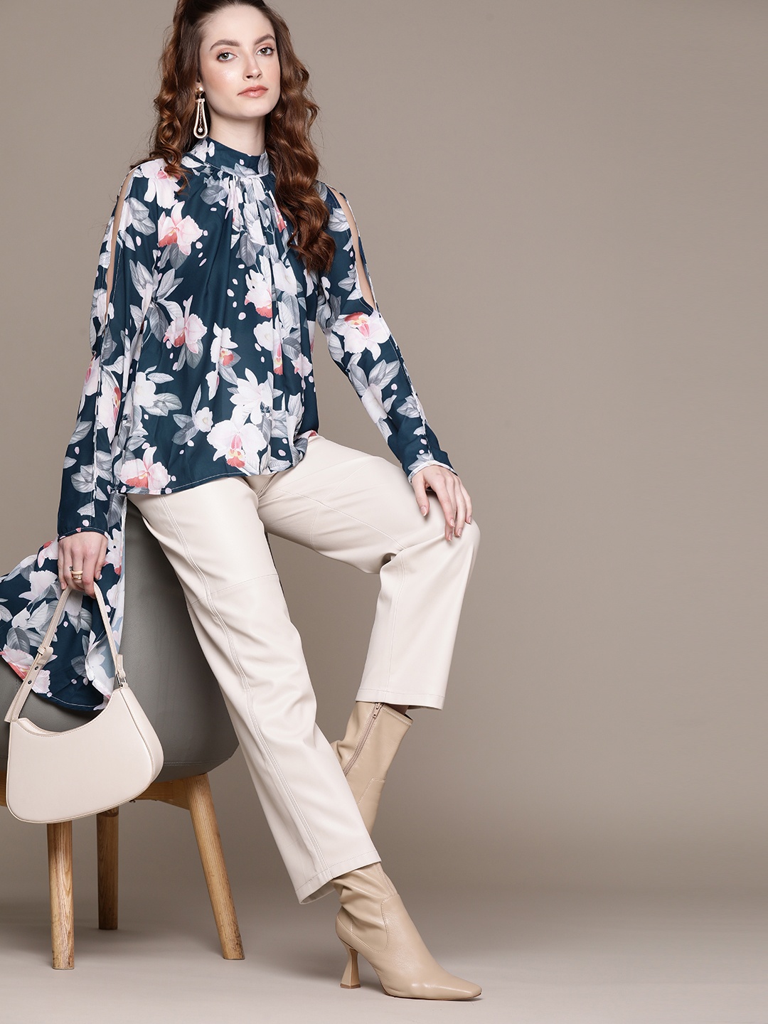 

URBANIC Navy & Pink Floral Print Cold-Shoulder High-Low Longline Top, Navy blue
