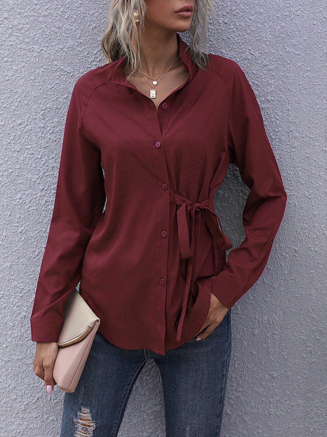 

URBANIC Women Maroon Tie-Up Waist Casual Shirt