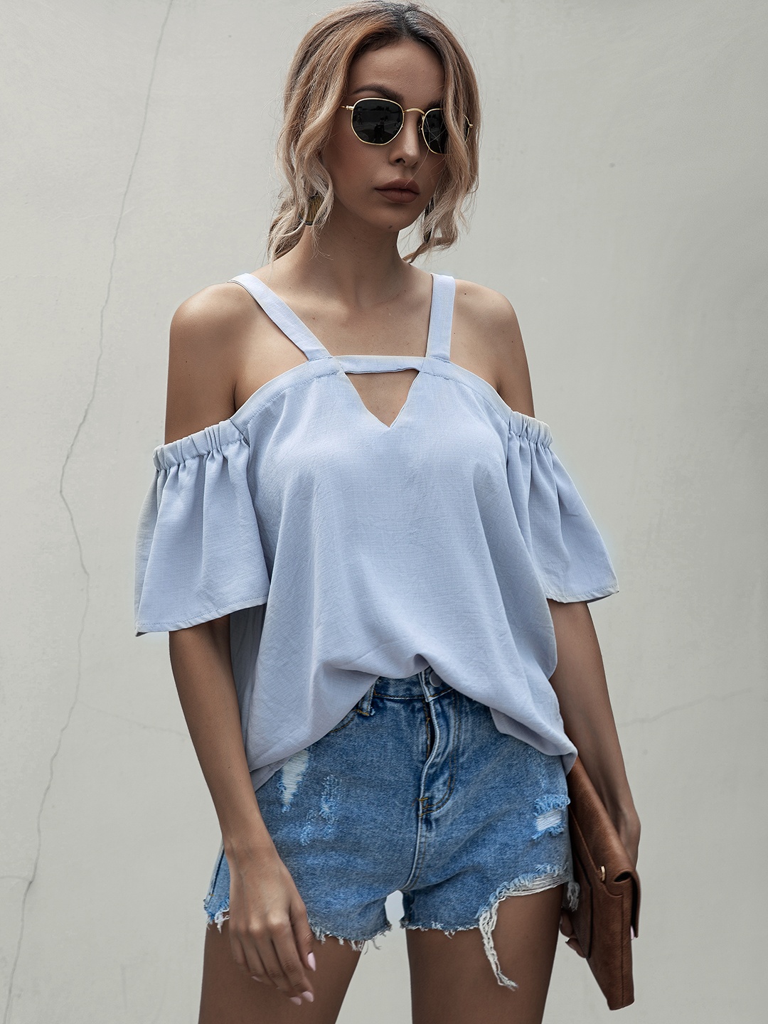 

URBANIC Blue Cold-Shoulder Solid A-Line Top with Cut-outs