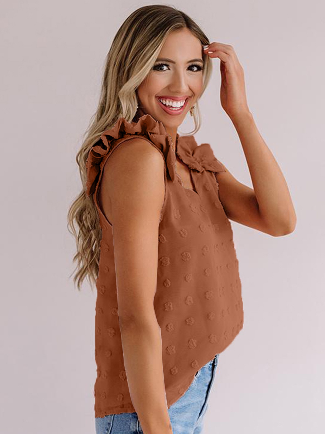 

URBANIC Brown Self Design Frill Detail Regular Top