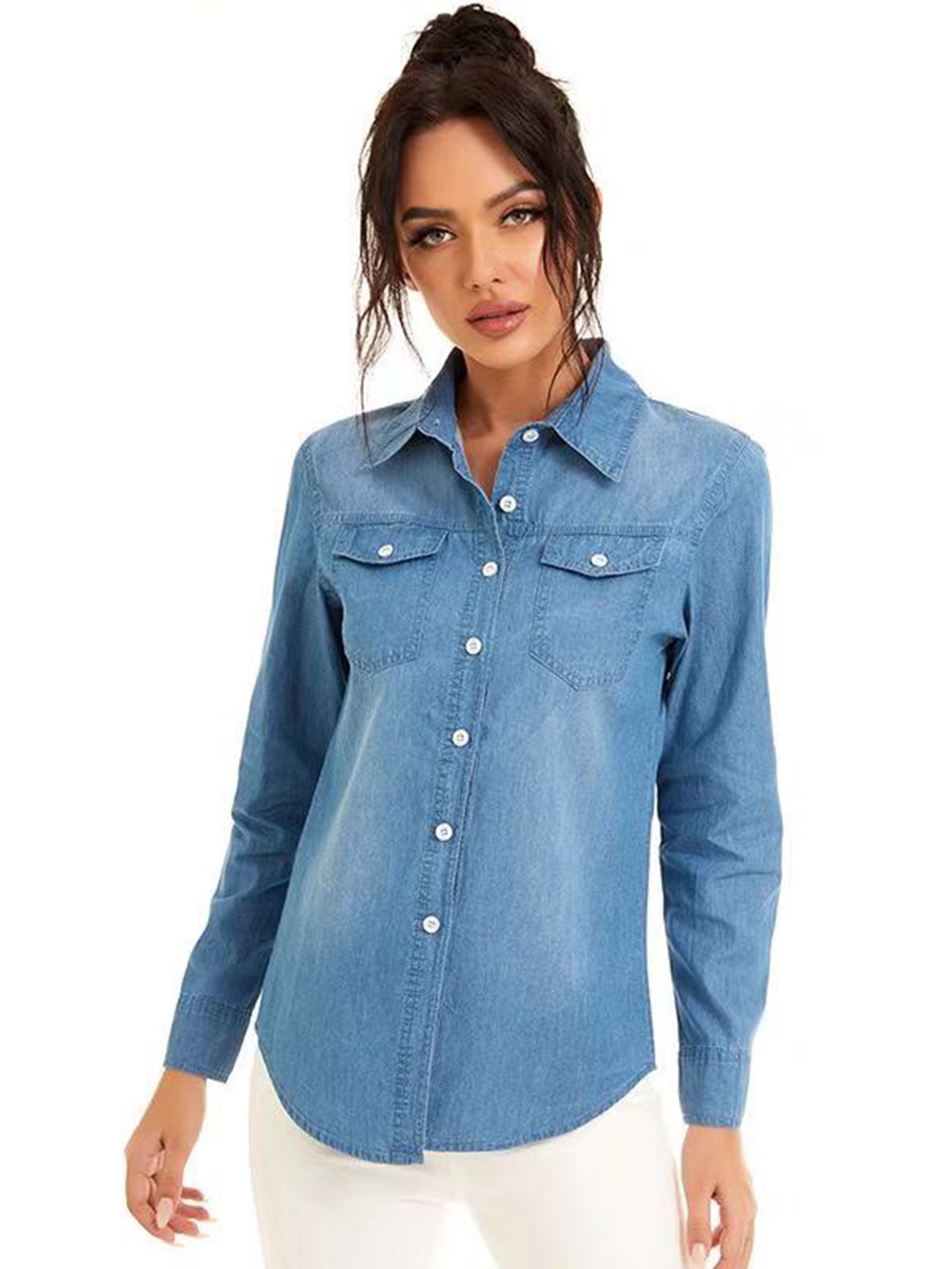 

URBANIC Women Blue Cotton Faded Denim Shirt