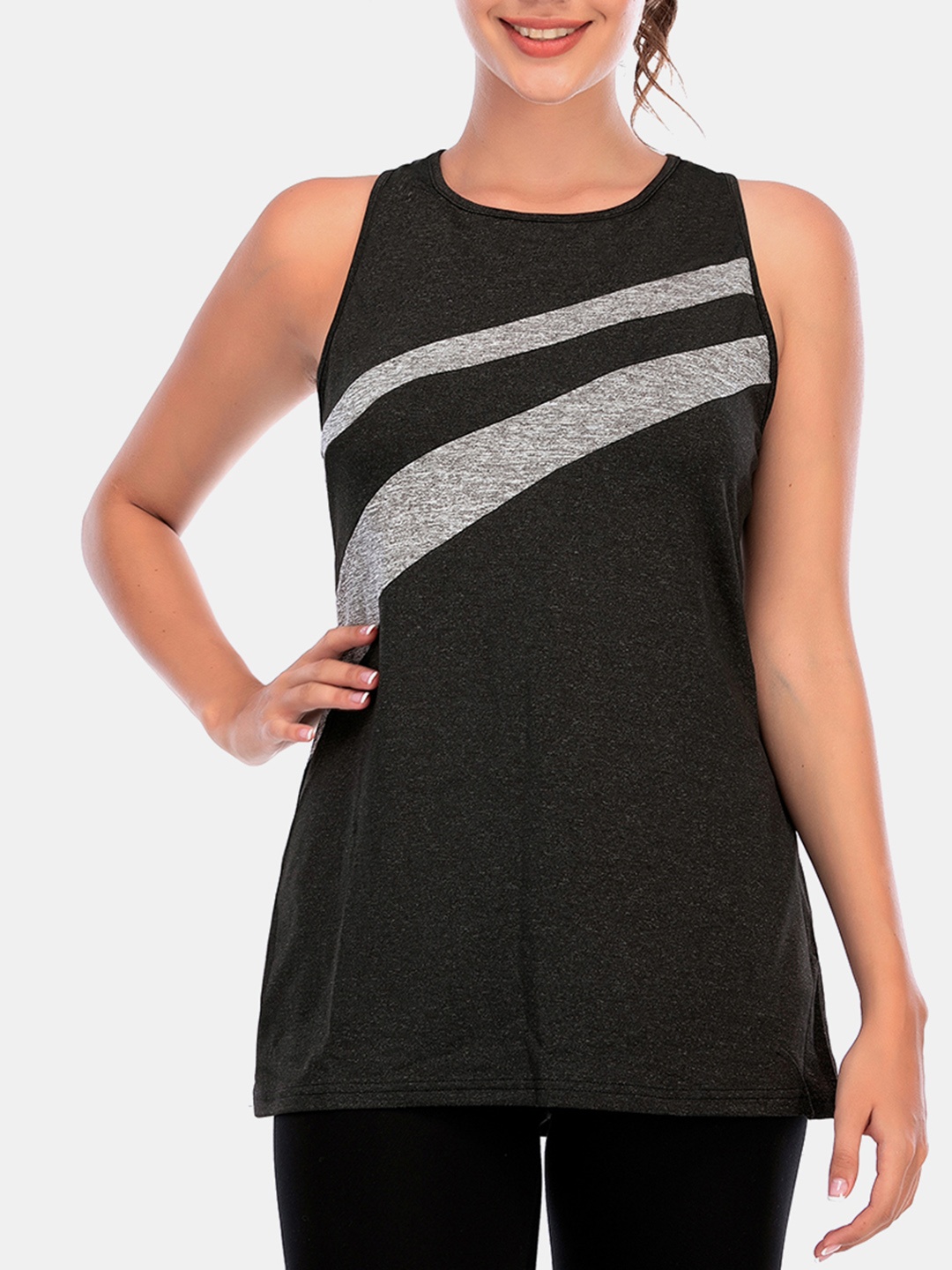 

URBANIC Women Black & Grey Melange Striped T-shirt