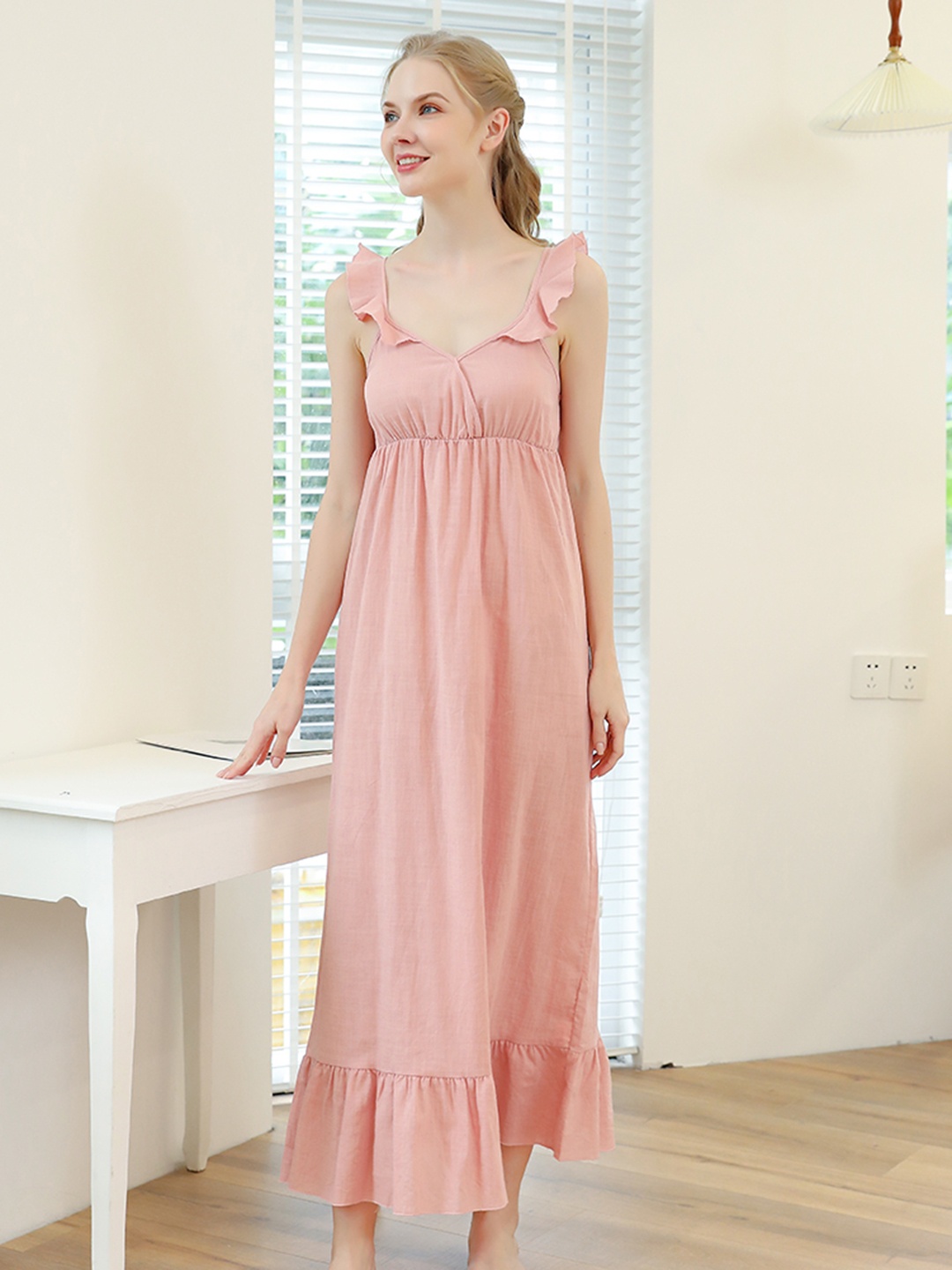 

URBANIC Pink Solid Maxi Nightdress