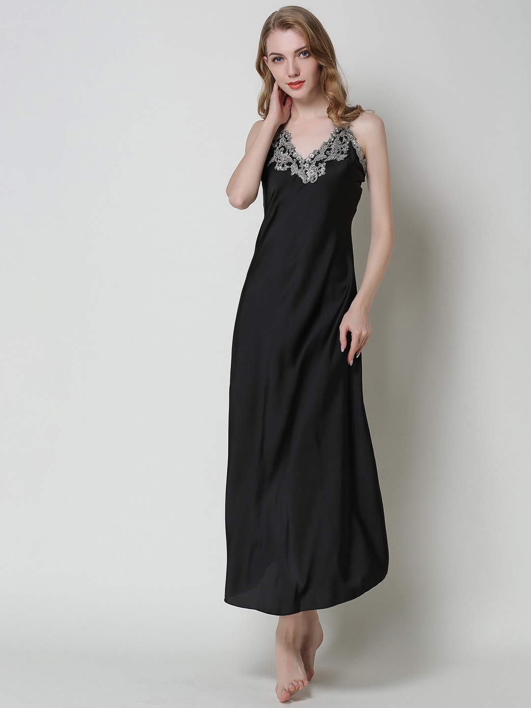 

URBANIC Black Contrast Lace Maxi Nightdress