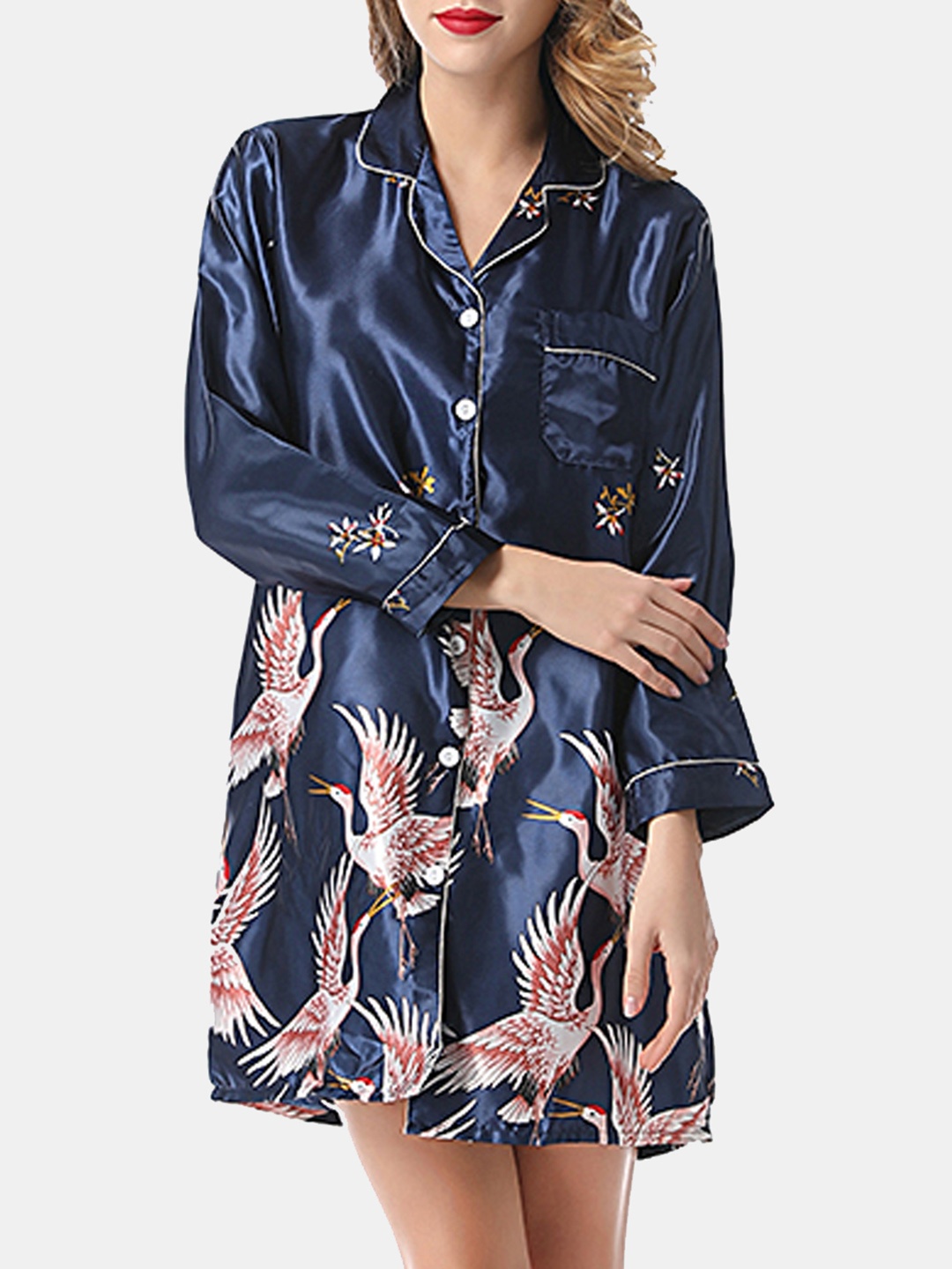 

URBANIC Navy Blue & Pink Flamingo Printed Shirt Nightdress