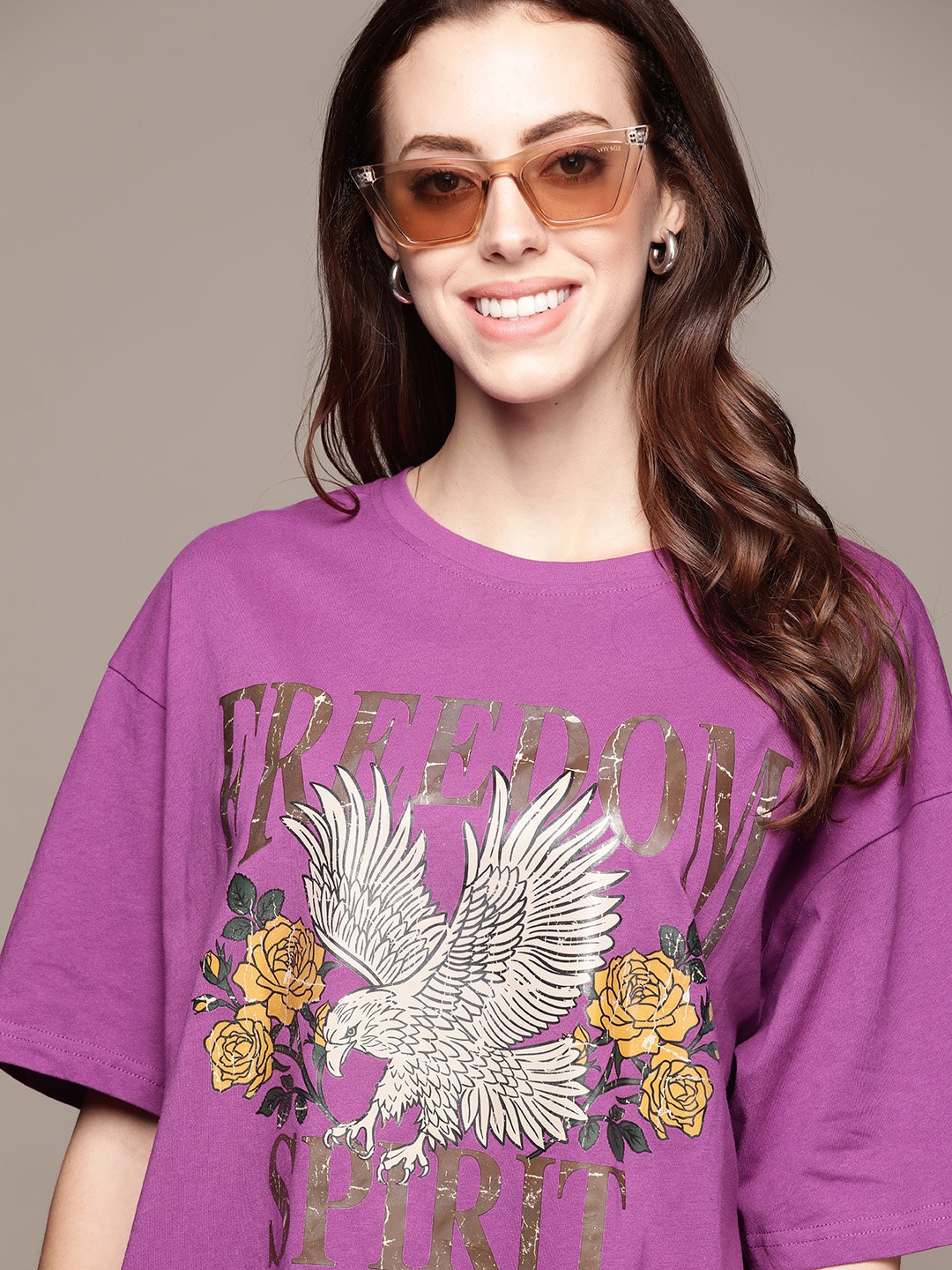 

URBANIC Women Purple Cotton Printed Drop-Shoulder Sleeves Longline T-shirt
