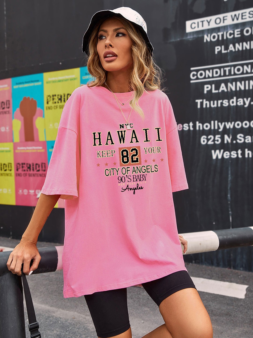 

URBANIC Women Pink & Black Cotton Typography Print Drop-Shoulder Sleeves T-shirt
