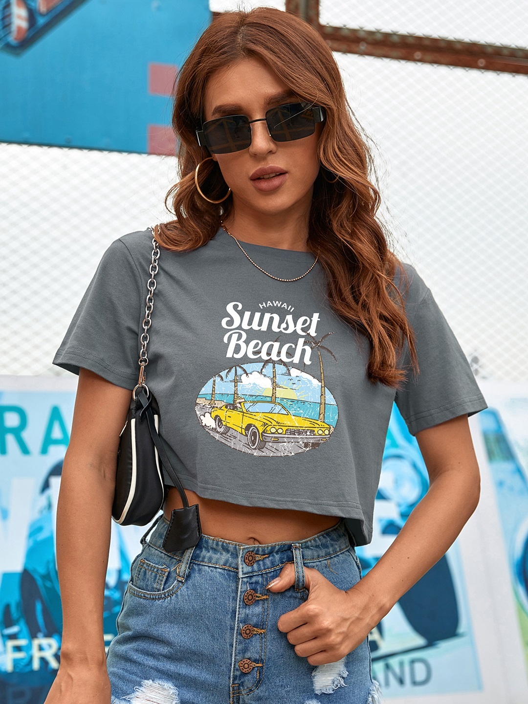 

URBANIC Women Grey & White Tropical Printed Crop Cotton T-shirt