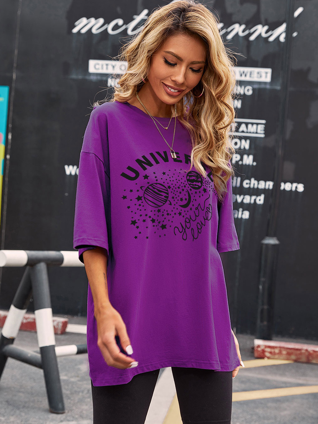 

URBANIC Women Purple Typography Printed Extended Sleeves T-shirt