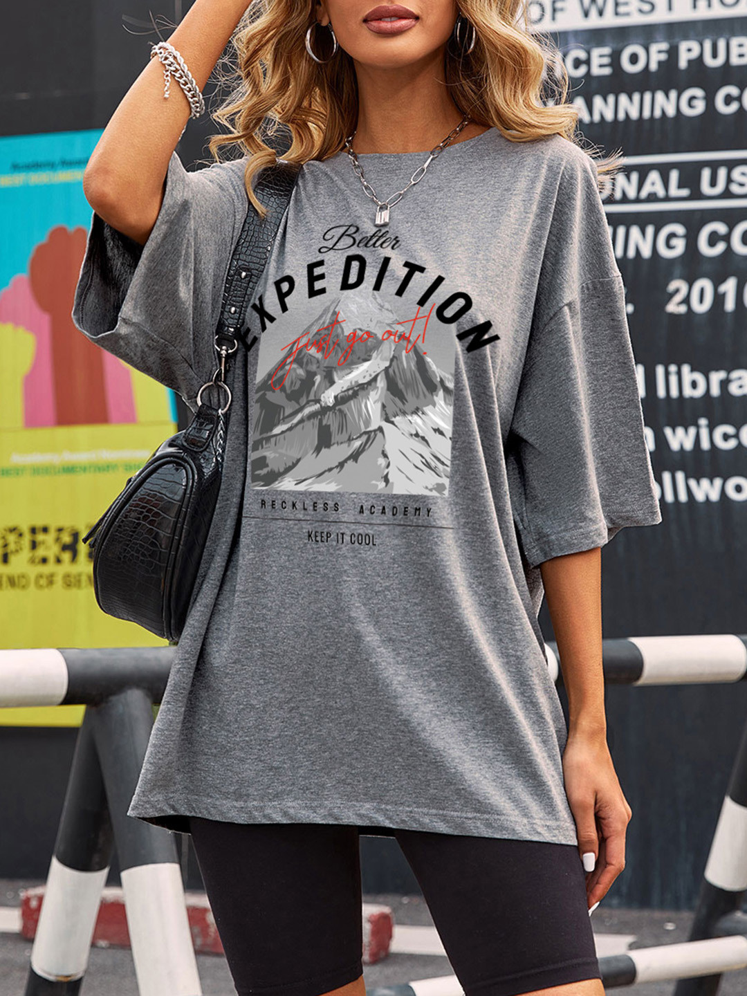 

URBANIC Women Grey Melange & Black Cotton Typography Print Drop-Shoulder Sleeves T-shirt