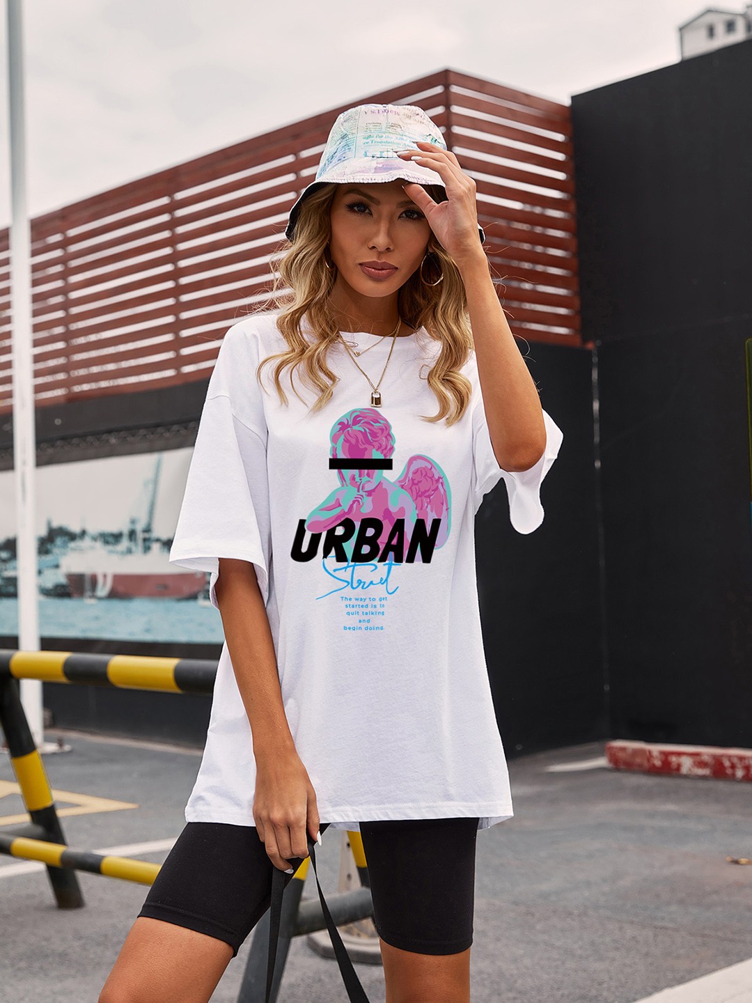 

URBANIC Women White & Pink Cotton Typography Drop-Shoulder Relaxed Fit Longline T-shirt