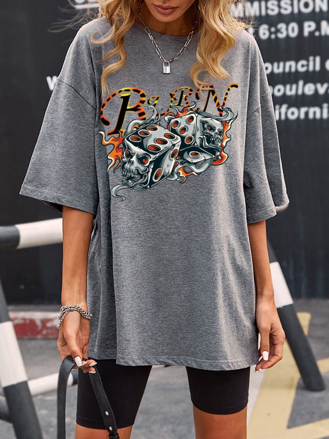 

URBANIC Women Grey Melange & Orange Cotton Graphic Print Drop-Shoulder Sleeves T-shirt