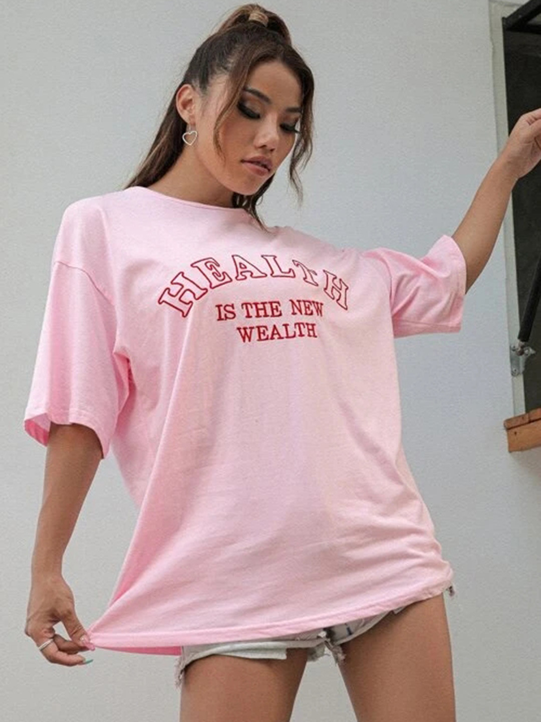 

URBANIC Women Pink & Red Typography Printed Extra Relaxed Fit Cotton Longline T-shirt