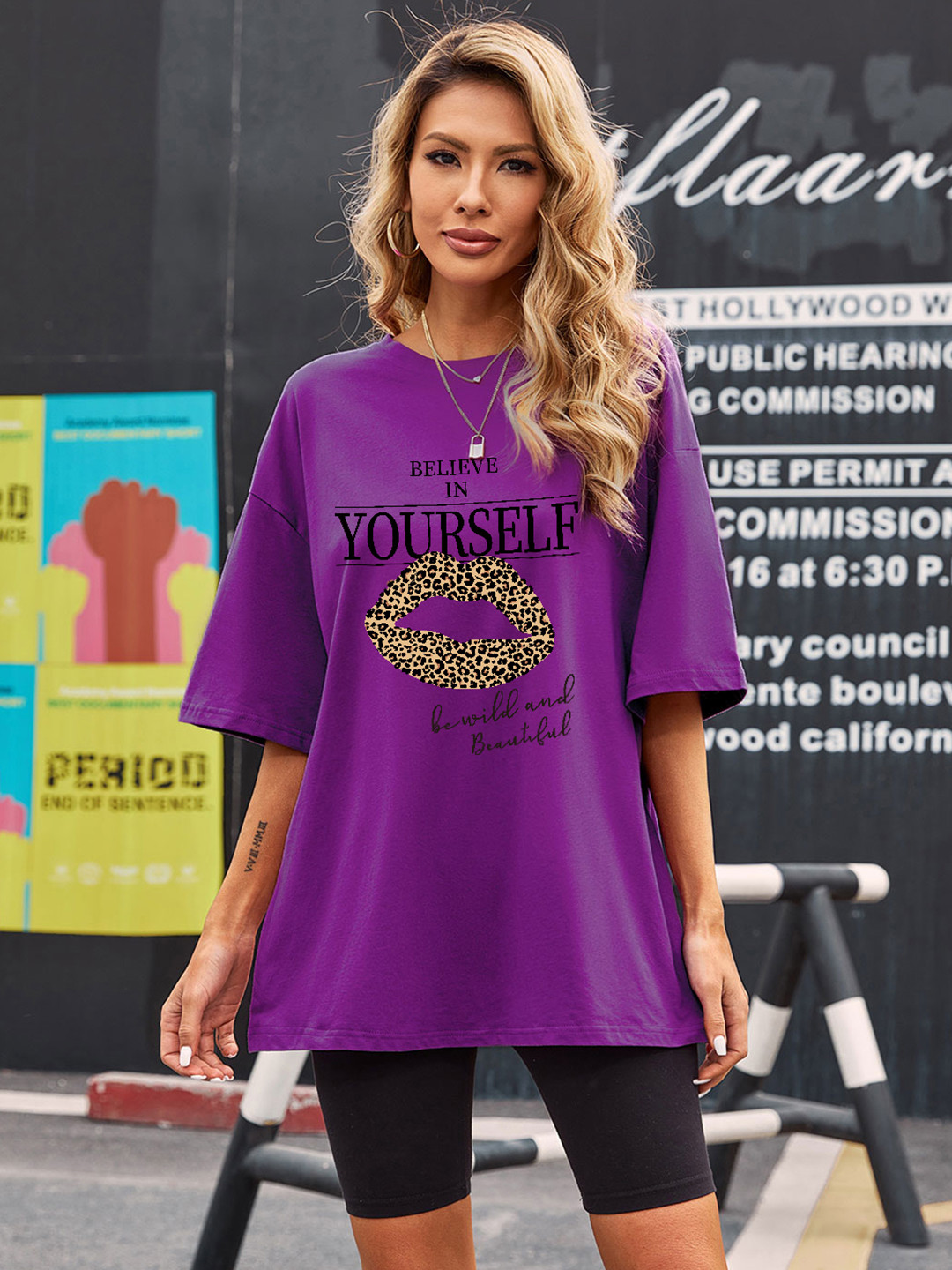 

URBANIC Women Purple Relaxed Fit Typography Printed Drop-Shoulder Sleeves Longline T-shirt