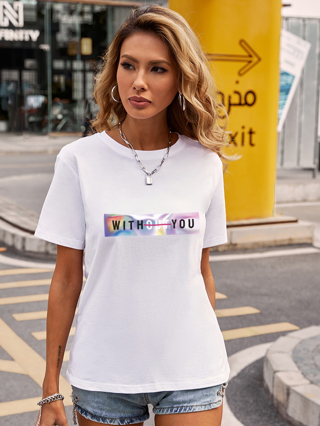 

URBANIC Women White Typography Printed Drop-Shoulder Sleeves T-shirt