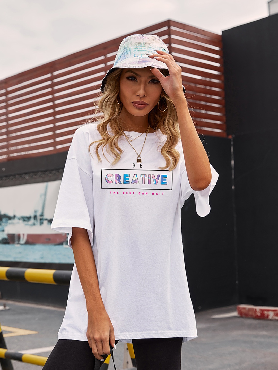 

URBANIC Women White Drop-Shoulder Sleeves Relaxed Fit Longline T-shirt