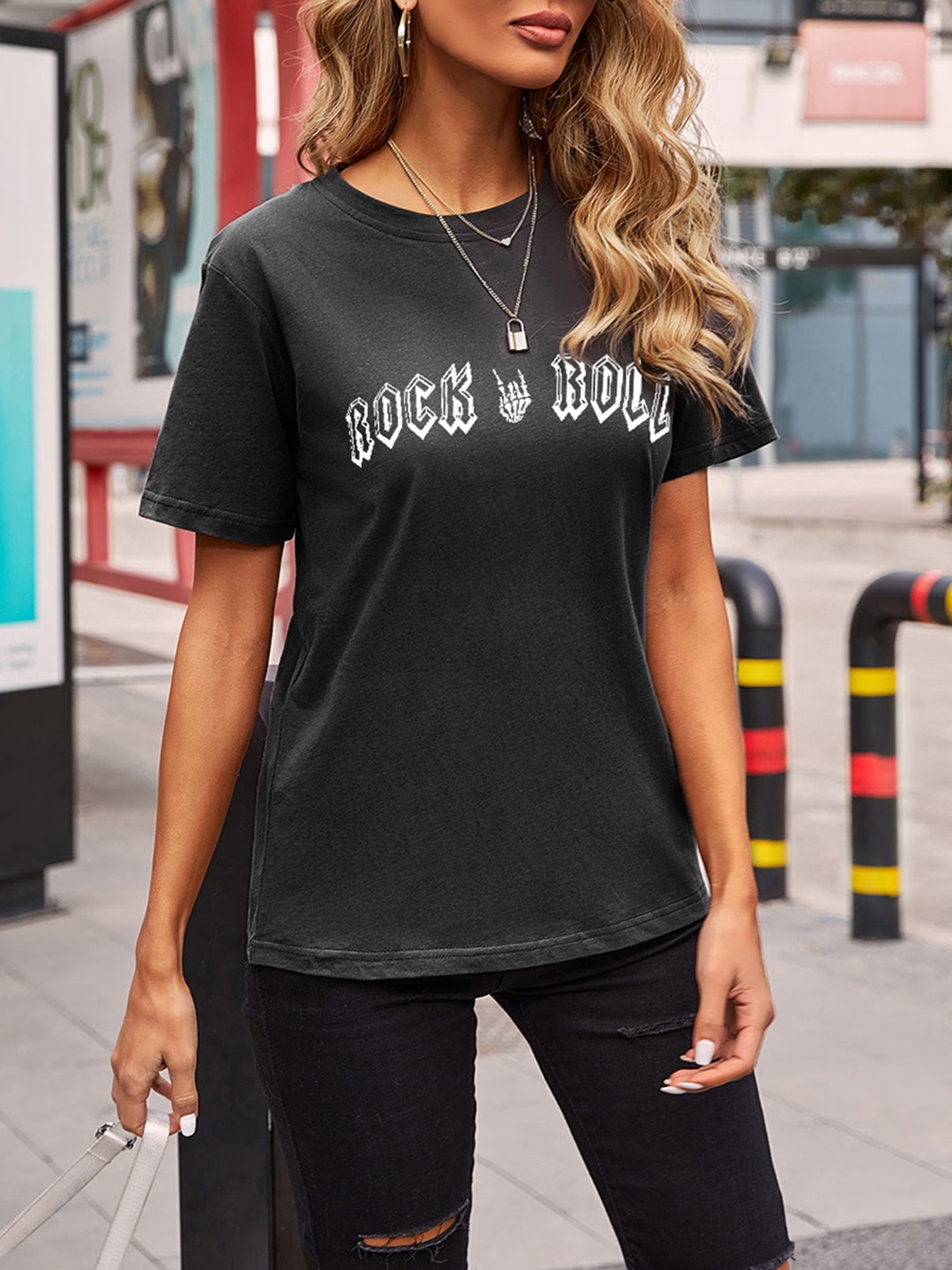 

URBANIC Women Charcoal Grey Typography Printed Drop-Shoulder Sleeves T-shirt