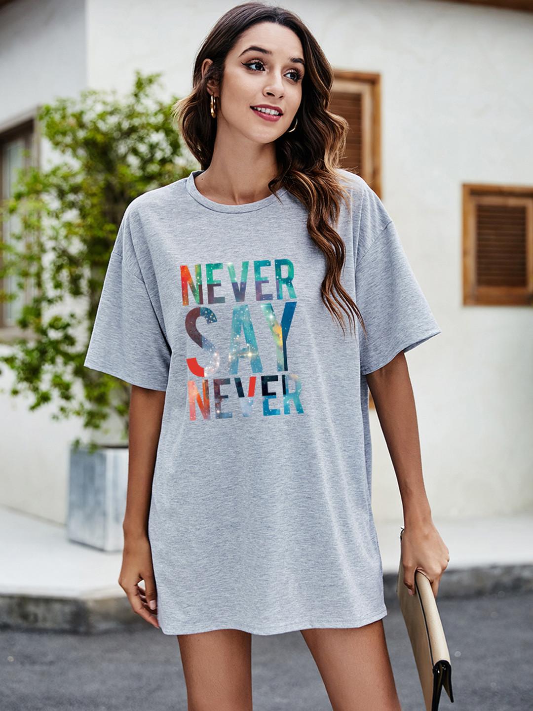 

URBANIC Women Grey Melange & Green Typography Print Relaxed Fit Longline T-shirt