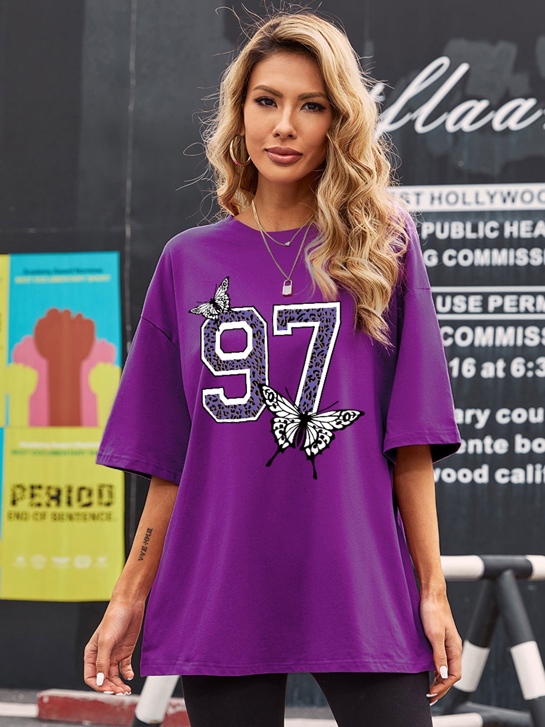 

URBANIC Women Purple & White Pure Cotton Printed Drop-Shoulder Sleeves T-shirt
