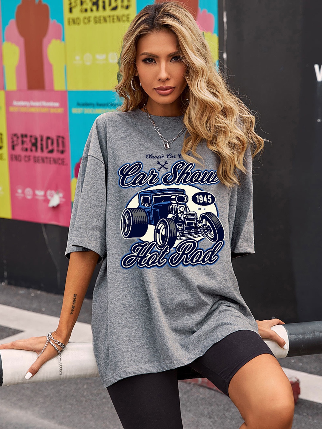 

URBANIC Women Grey & Navy Blue Typography Printed Extended Sleeves T-shirt