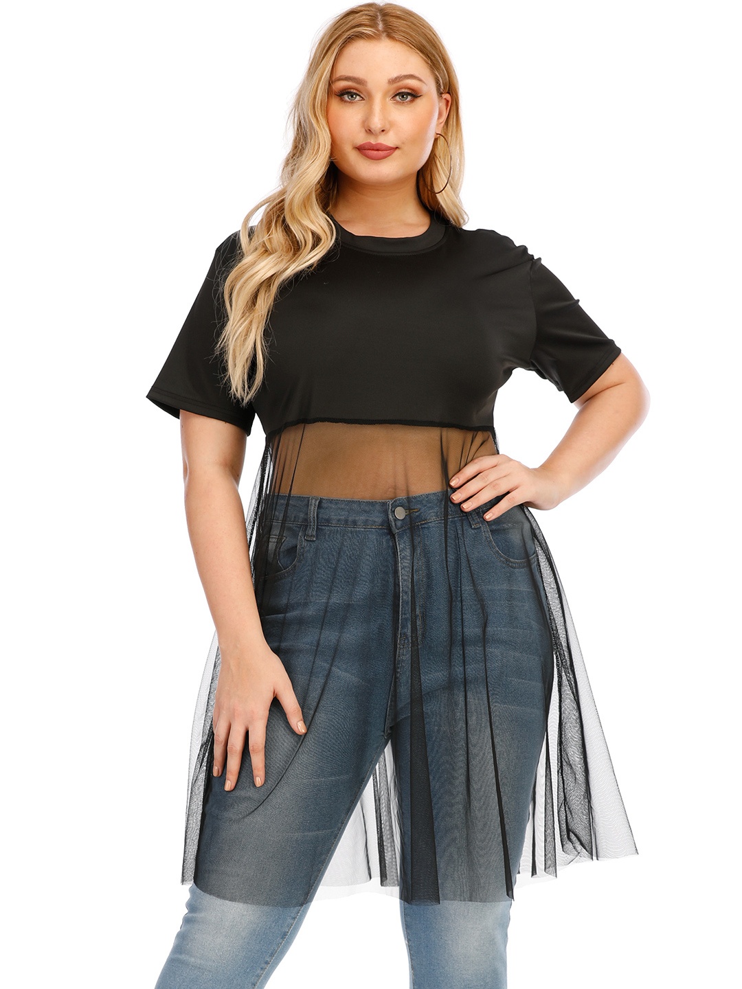 

URBANIC Plus Size Black Sheer Regular Longline Top