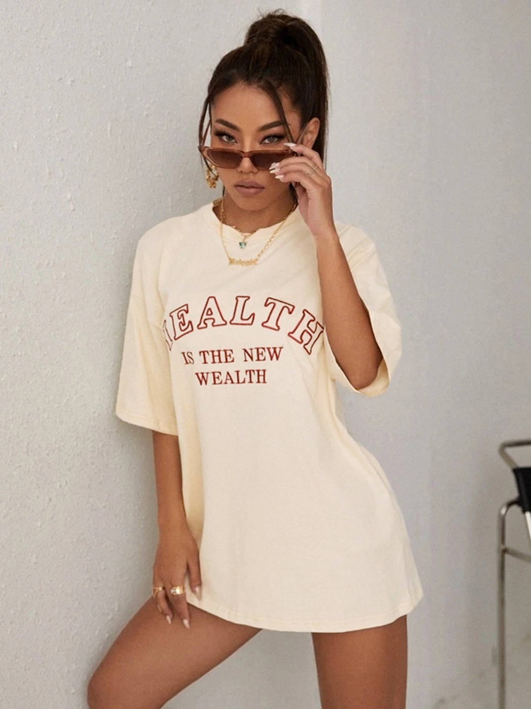 

URBANIC Beige & Maroon Printed T-shirt Mini Dress