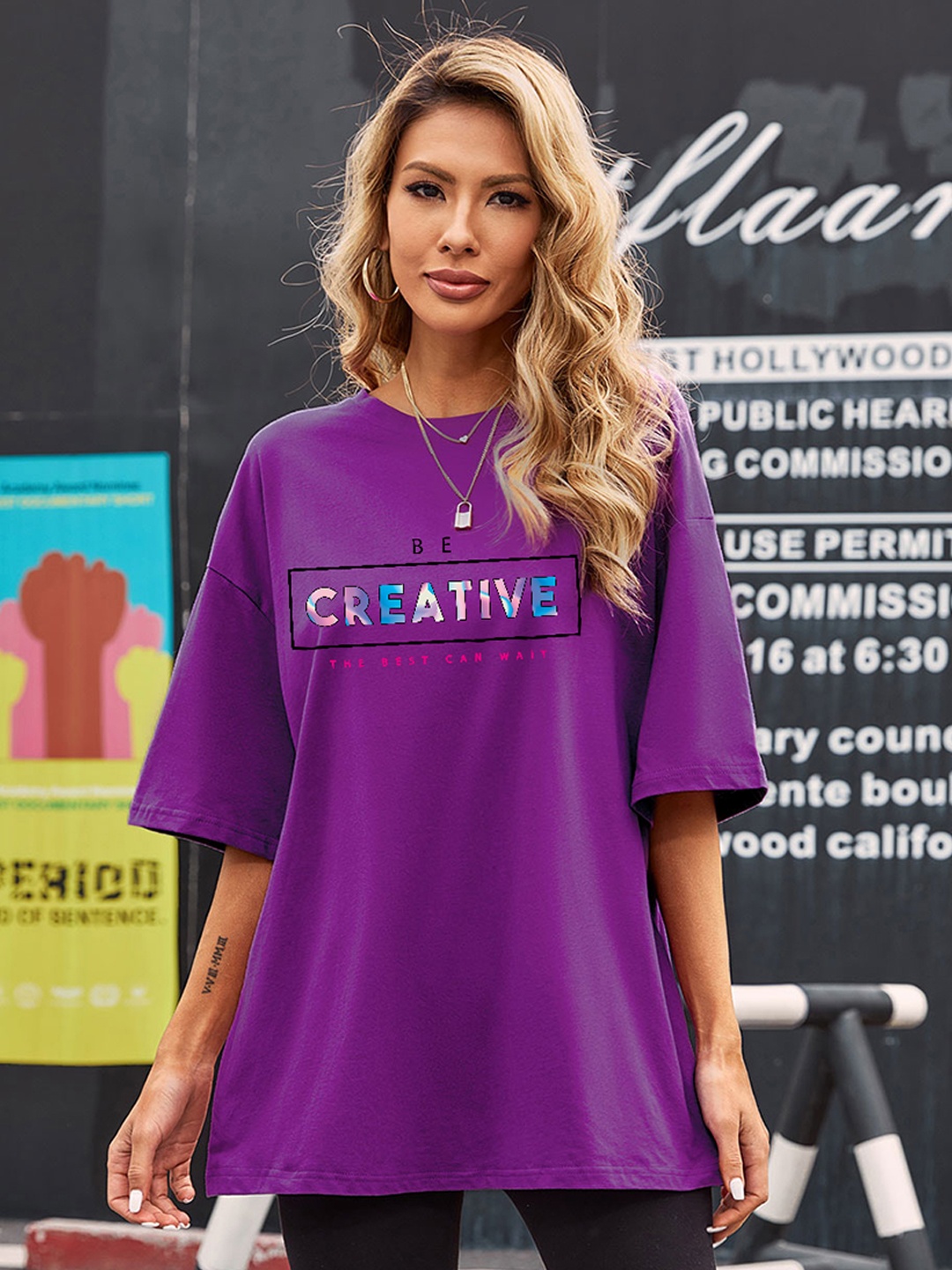 

URBANIC Women Purple Printed Drop-Shoulder Sleeves Relaxed Fit Longline T-shirt
