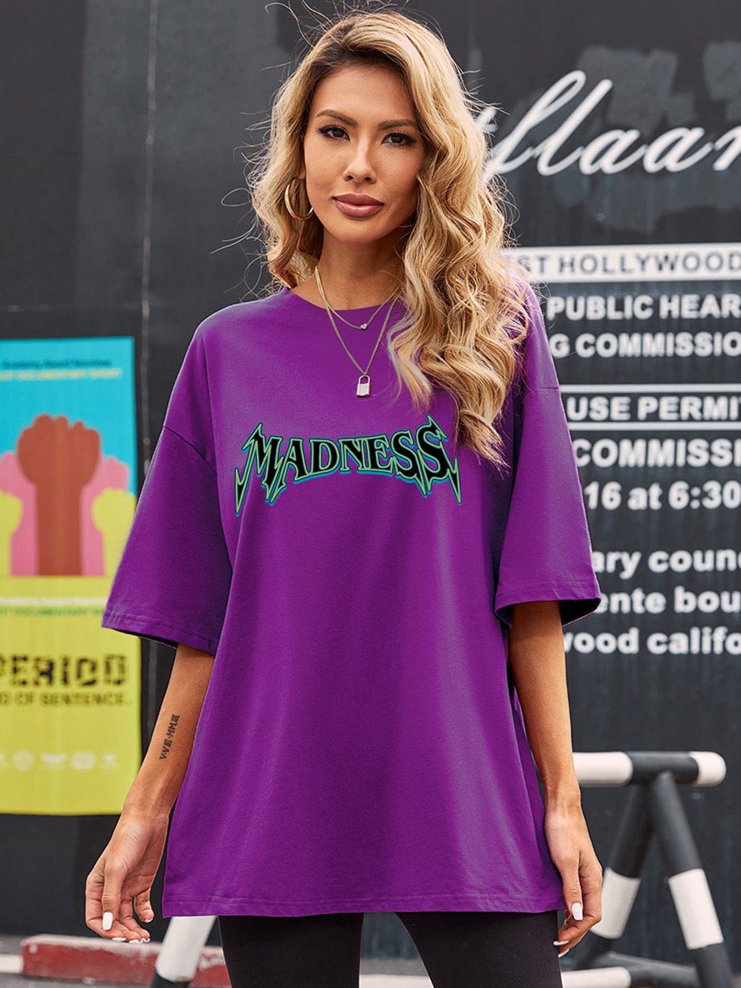 

URBANIC Women Purple & Black Typography Printed Extended Sleeves T-shirt
