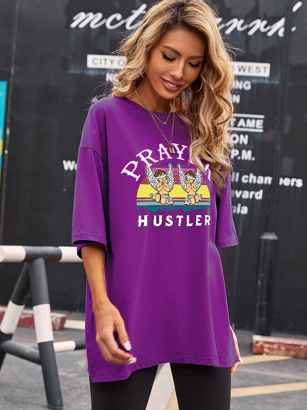 

URBANIC Women Purple & White Typography Printed Extended Sleeves T-shirt