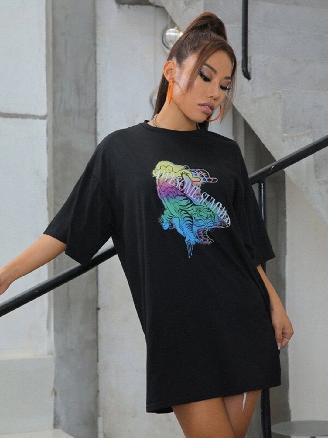 

URBANIC Black & Blue Printed T-shirt Mini Dress