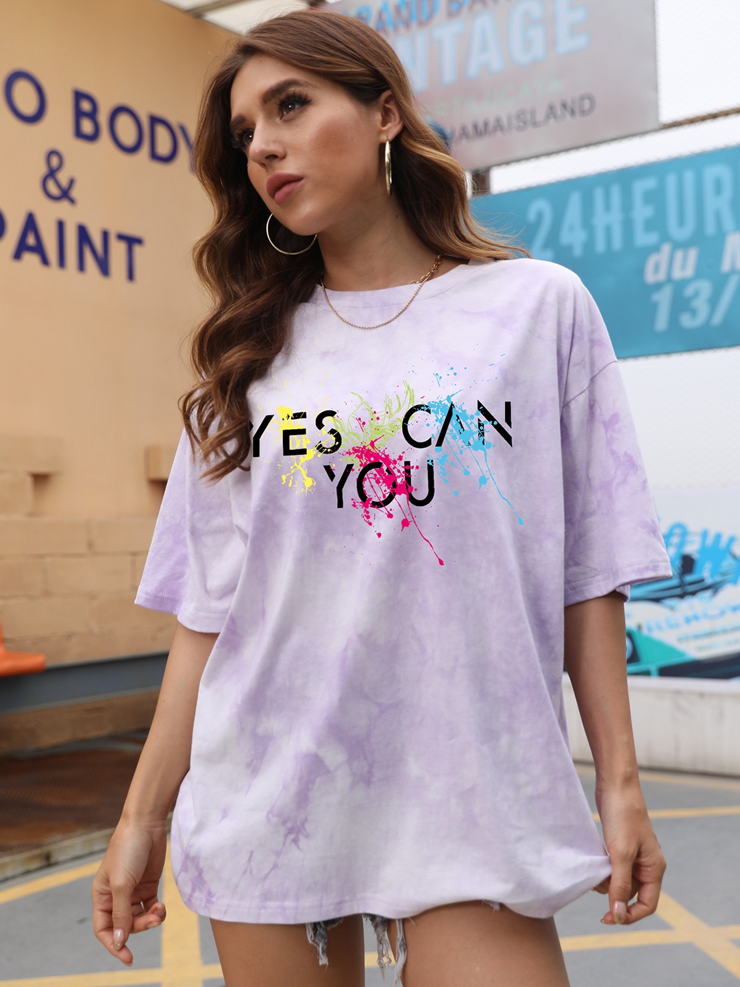 

URBANIC Women White & Lavender Tie and Dyed Drop-Shoulder Sleeves Cotton Longline T-shirt