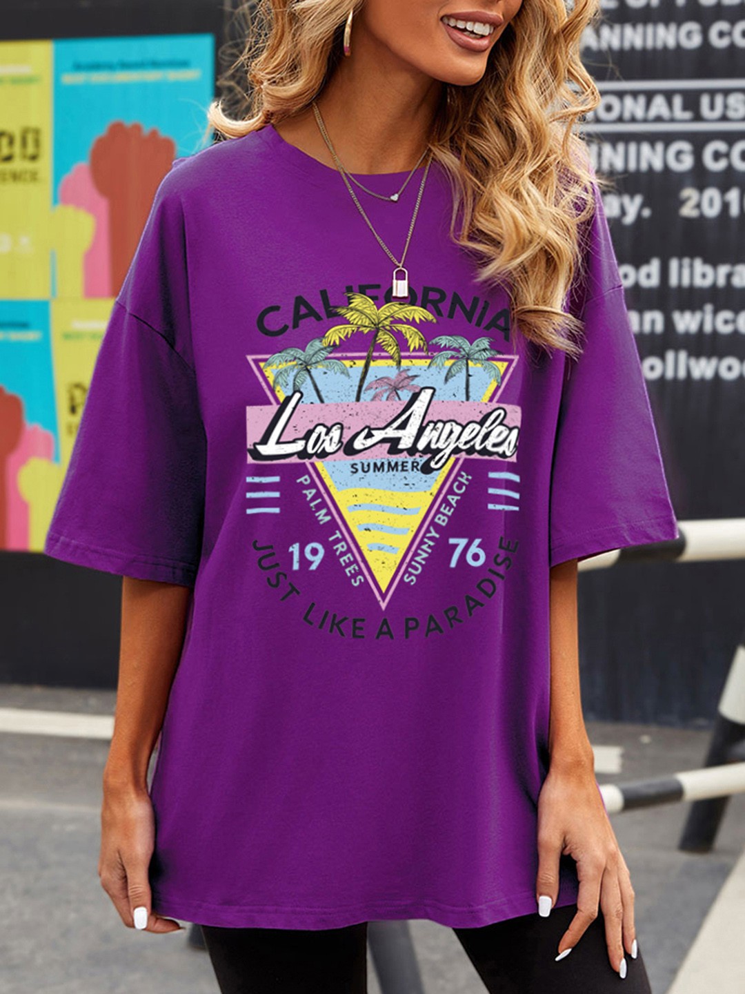 

URBANIC Women Purple & Blue Cotton Tropical Print Drop-Shoulder Relaxed Longline T-shirt