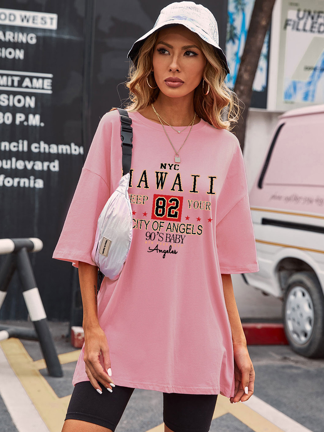 

URBANIC Women Pink & Black Typography Printed Drop-Shoulder Sleeves T-shirt