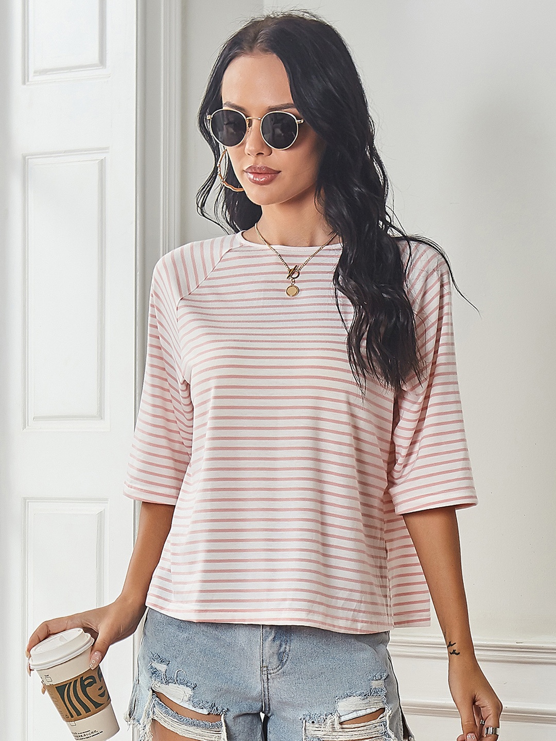 

URBANIC Women White & Red Striped T-shirt