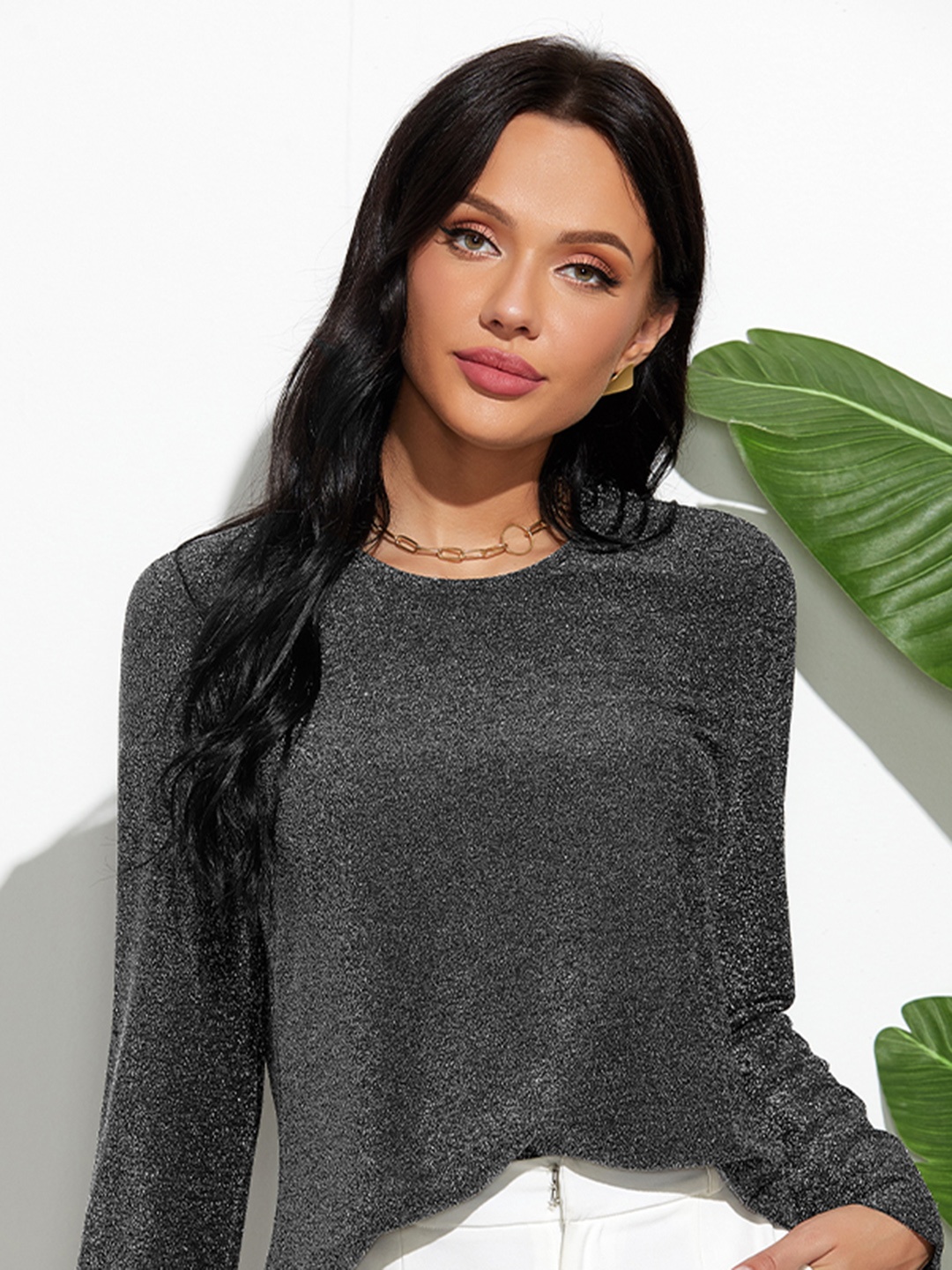 

URBANIC Women Charcoal Grey Shimmer T-shirt