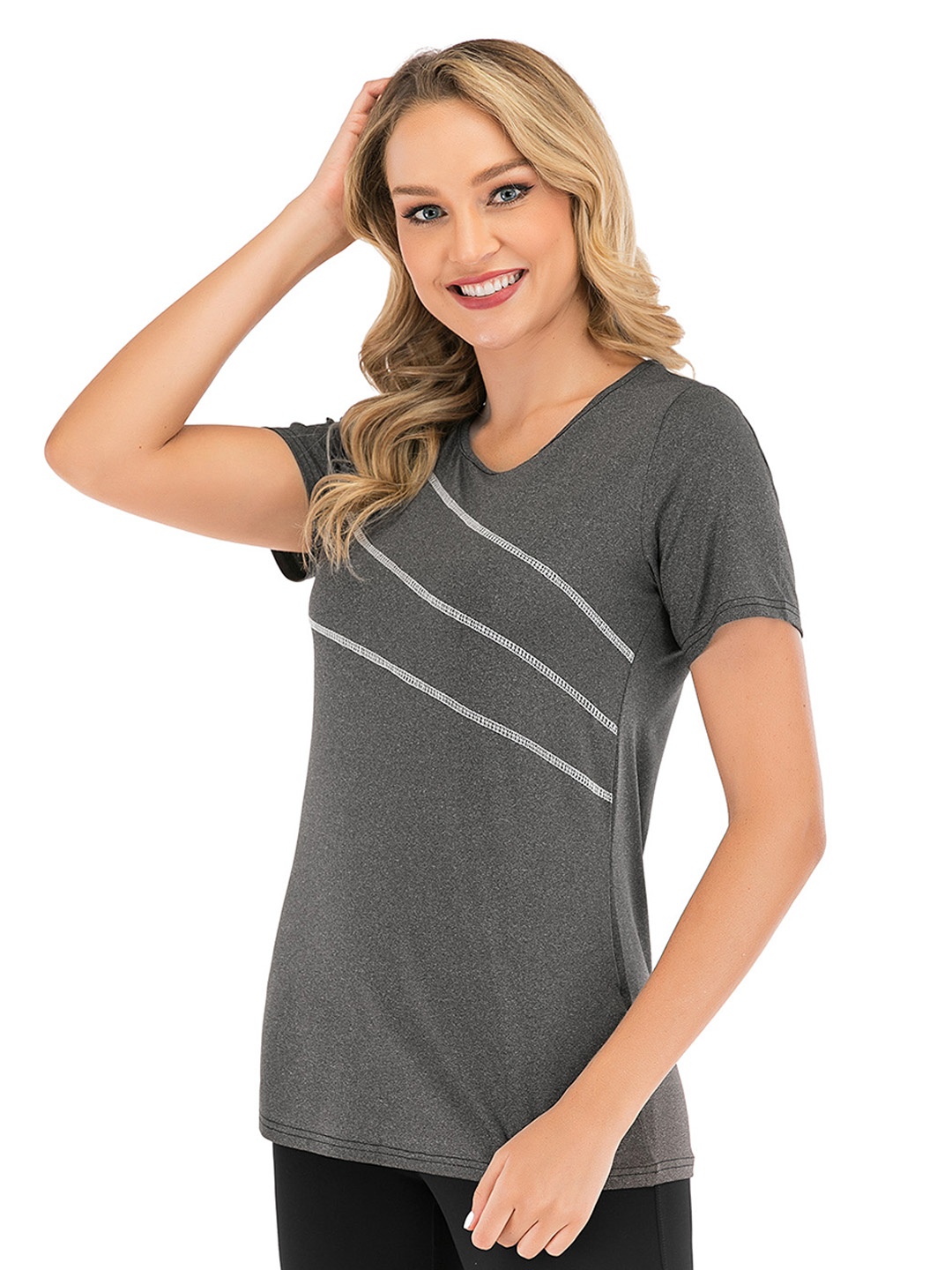 

URBANIC Women Charcoal Grey Striped T-shirt