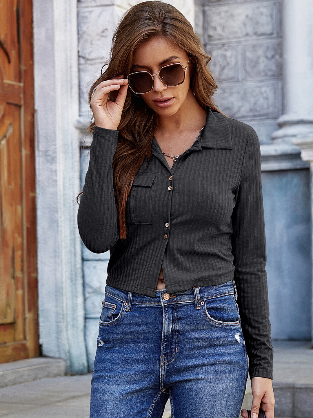

URBANIC Charcoal Grey Ribbed Shirt Style Crop Top